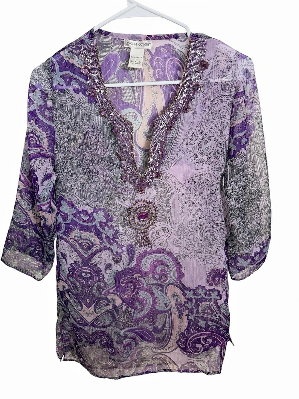 Cute Options Beaded Paisley Sheer Tunic Top! Size Small! Intricate bead work!